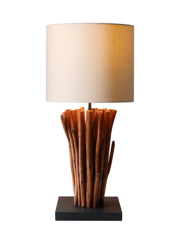 Lampe de table bois de teck et lin beige Shanya