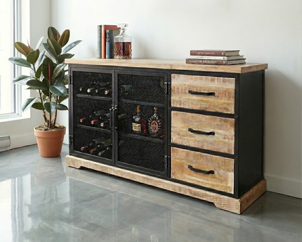 Buffet Lenox en manguier massif et métal noir avec portes grillagées, style industriel