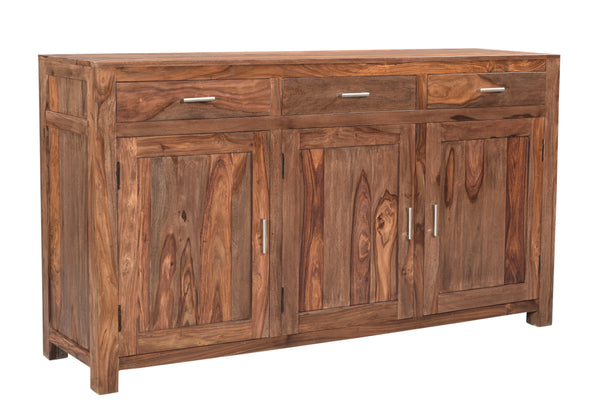 Buffet en sheesham massif teinte Brownstone avec tiroirs et portes