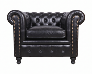 Fauteuil Chesterfield en cuir noir capitonné avec clous décoratifs et pieds en bois massif