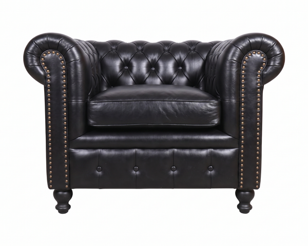 Fauteuil Chesterfield en cuir noir capitonné avec clous décoratifs et pieds en bois massif