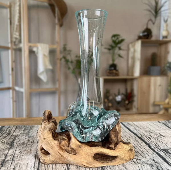 Vase en bois et verre soufflé 10" - Kif-Kif Import