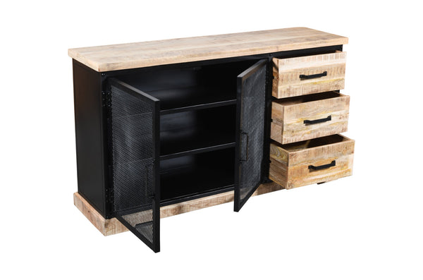 Buffet Lenox 34×59×16 – portes et tiroirs ouverts – bois de manguier et métal noir