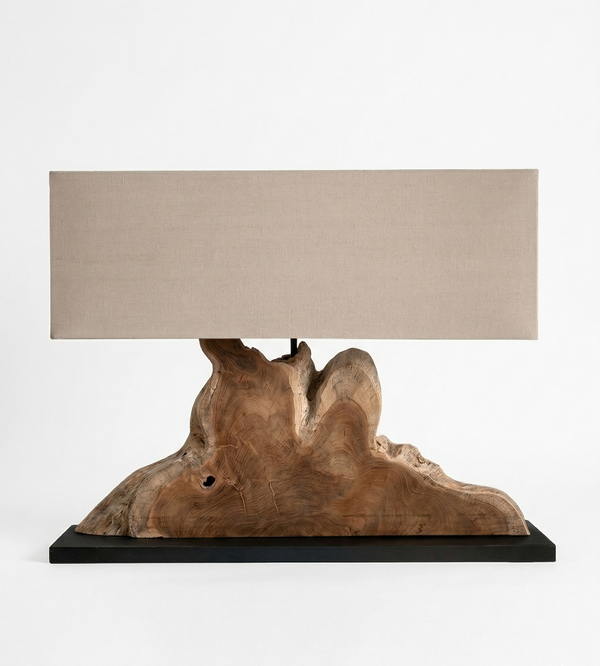 Lampe de table bois de teck et lin beige Soraya