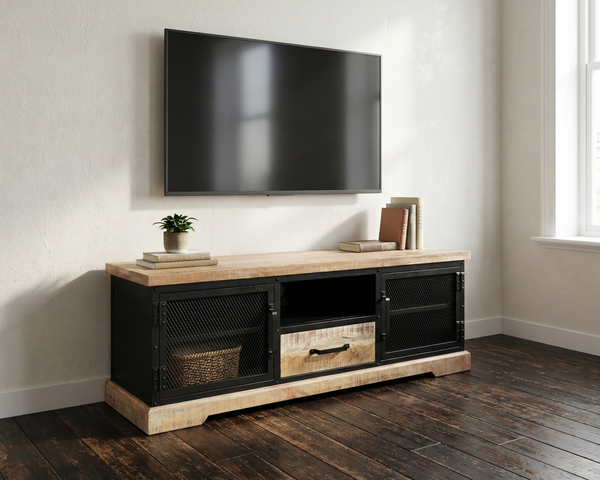Meuble TV Lenox – manguier massif & métal noir industriel