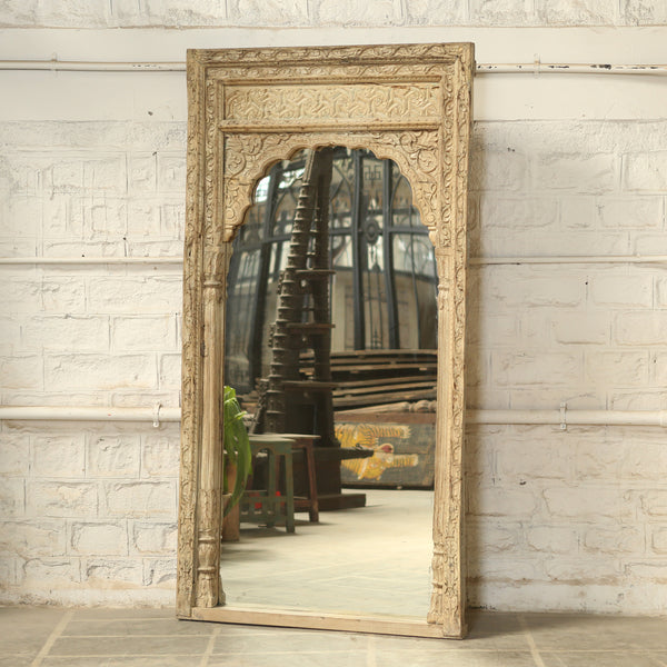 Miroir arche antique sculpté — bois massif patiné 86×5×45"