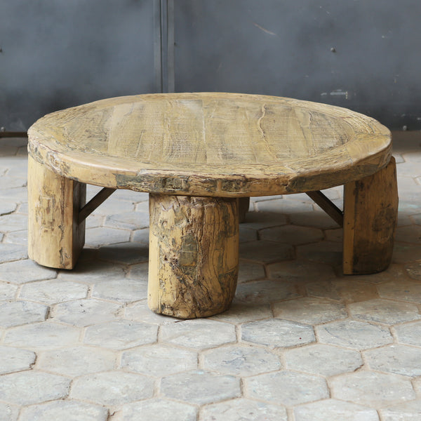 Table basse ronde rustique — bois massif ancien 42"