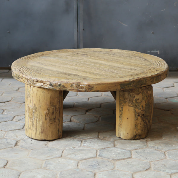 Table basse ronde rustique — bois massif ancien 42"