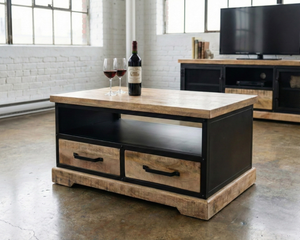 Table basse Lenox en manguier massif et métal noir avec tiroirs, style industriel