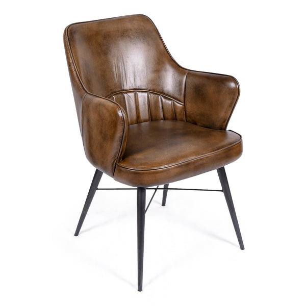 Chaise NINA cuir brun accoudoirs – vue d’angle