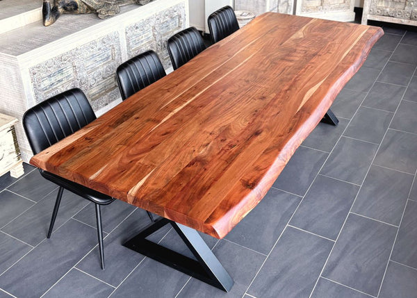 Table à dîner acacia 2" bord naturel champagne base X - Kif-Kif Import