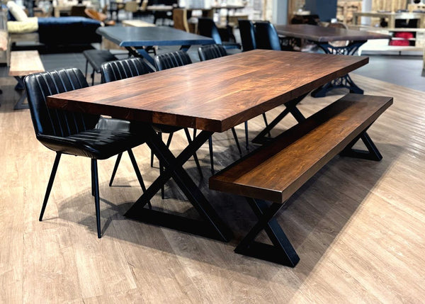 Table à dîner acacia 2" coupe droite noisette pieds X - Kif-Kif Import