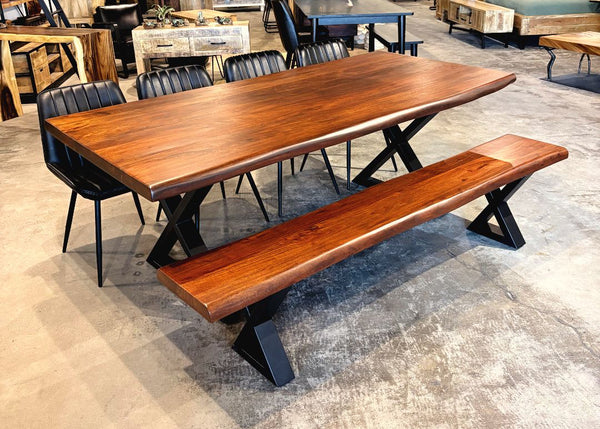 Table à dîner acacia 2" bord naturel noisette base X - Kif-Kif Import