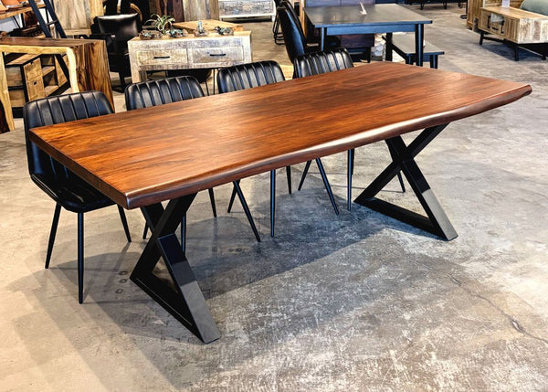 Table à dîner acacia 2" bord naturel noisette base X - Kif-Kif Import