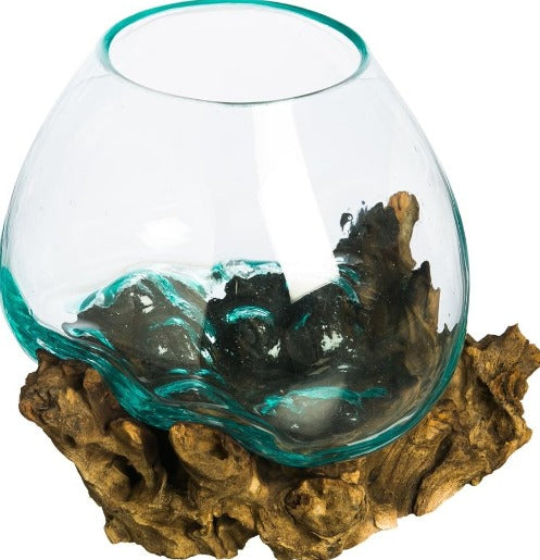 Vase en bois et verre soufflé Ø12" - Kif-Kif Import