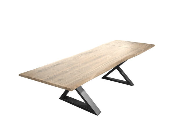 Extendable acacia dining table 1.5" bleached natural edge X base - Kif-Kif Import
